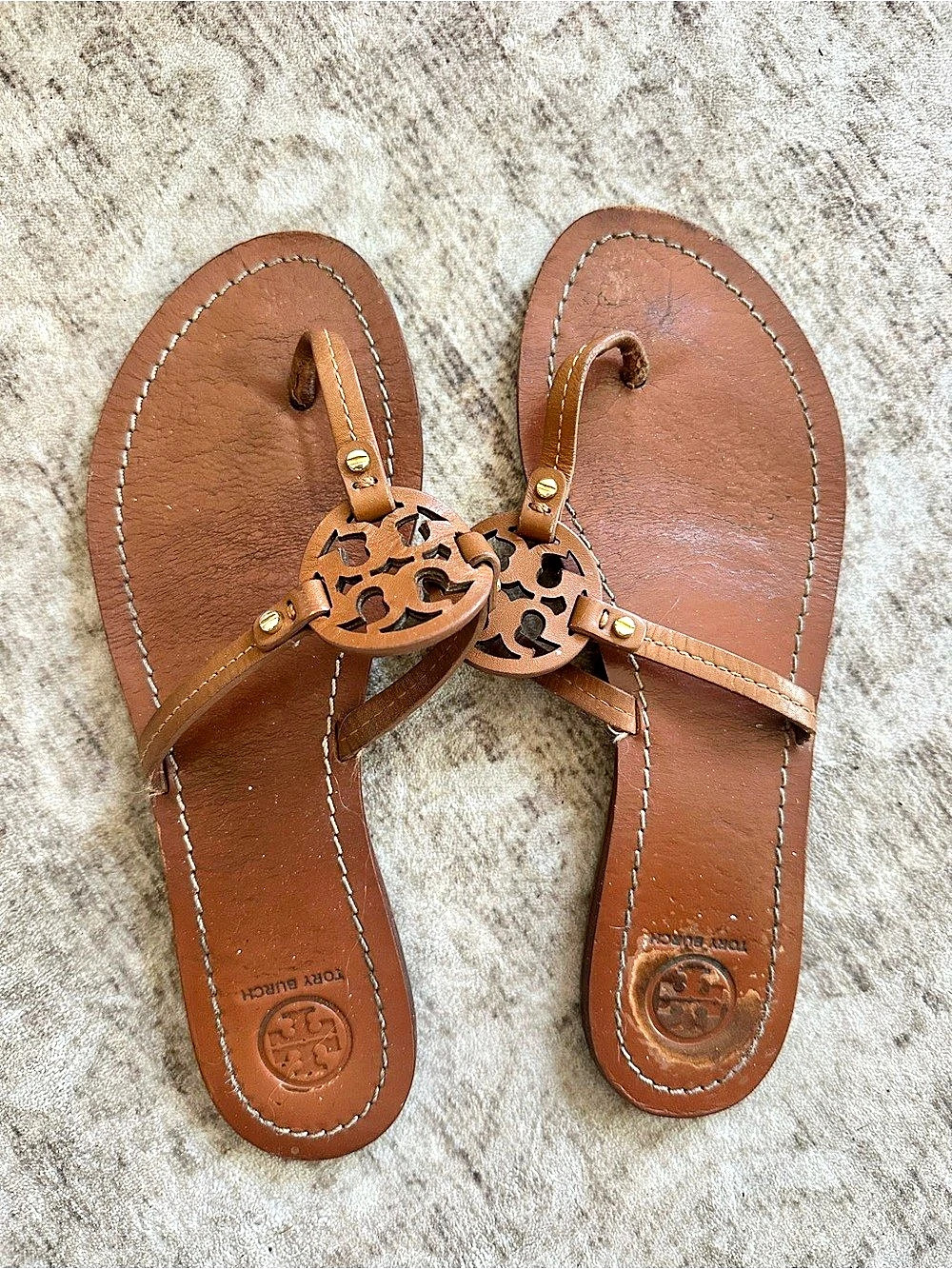 Tory Burch Miller Sandal Leather-Style Logo Sandals in Brown Like New